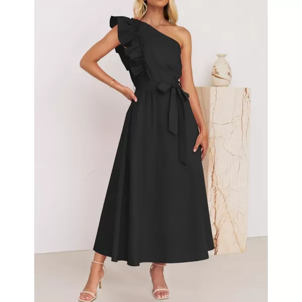 imageZESICA Womens Summer One Shoulder Ruffle Dress 2024 Sleeveless Empire Waist Boho Flowy Beach Maxi DressesBlack