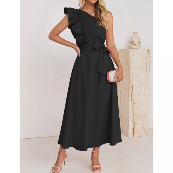 imageZESICA Womens Summer One Shoulder Ruffle Dress 2024 Sleeveless Empire Waist Boho Flowy Beach Maxi DressesBlack
