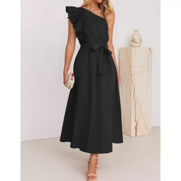 imageZESICA Womens Summer One Shoulder Ruffle Dress 2024 Sleeveless Empire Waist Boho Flowy Beach Maxi DressesBlack