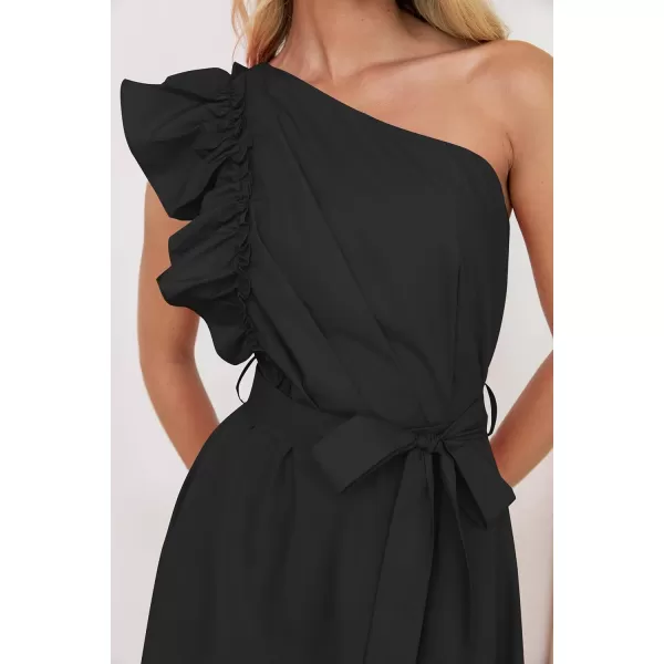 imageZESICA Womens Summer One Shoulder Ruffle Dress 2024 Sleeveless Empire Waist Boho Flowy Beach Maxi DressesBlack
