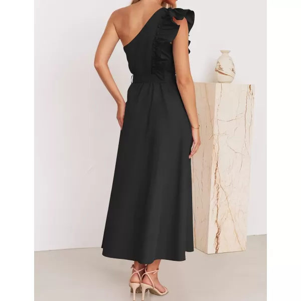 imageZESICA Womens Summer One Shoulder Ruffle Dress 2024 Sleeveless Empire Waist Boho Flowy Beach Maxi DressesBlack