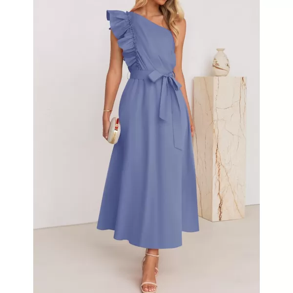 imageZESICA Womens Summer One Shoulder Ruffle Dress 2024 Sleeveless Empire Waist Boho Flowy Beach Maxi DressesDustyblue