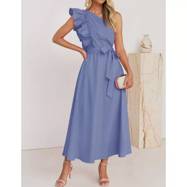 imageZESICA Womens Summer One Shoulder Ruffle Dress 2024 Sleeveless Empire Waist Boho Flowy Beach Maxi DressesDustyblue