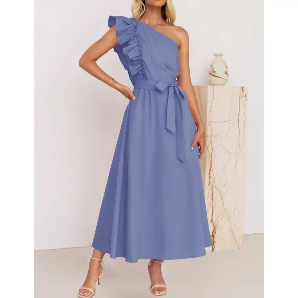 imageZESICA Womens Summer One Shoulder Ruffle Dress 2024 Sleeveless Empire Waist Boho Flowy Beach Maxi DressesDustyblue