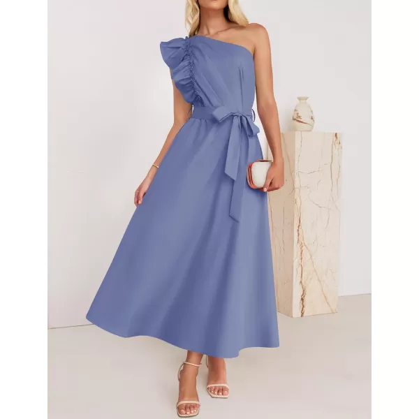 imageZESICA Womens Summer One Shoulder Ruffle Dress 2024 Sleeveless Empire Waist Boho Flowy Beach Maxi DressesDustyblue