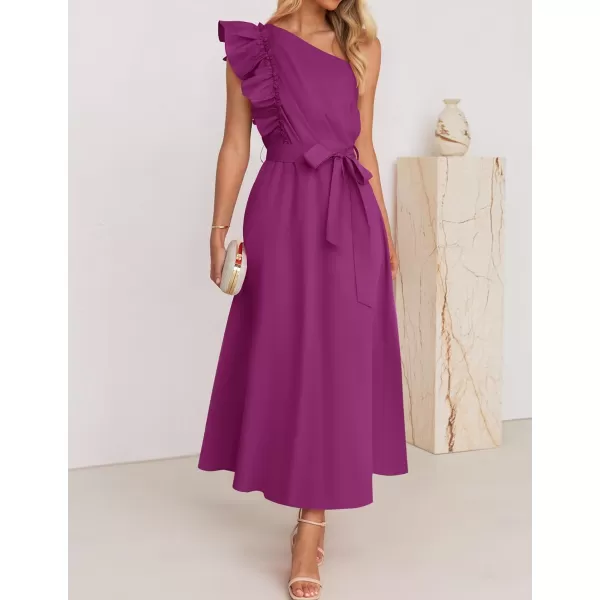 imageZESICA Womens Summer One Shoulder Ruffle Dress 2024 Sleeveless Empire Waist Boho Flowy Beach Maxi DressesEggplant