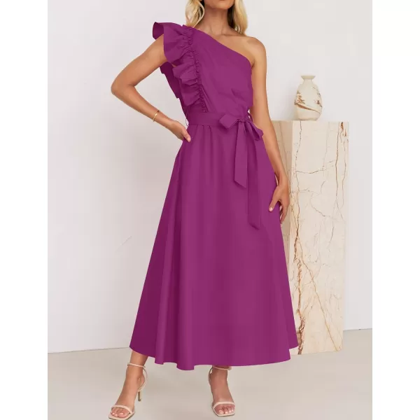imageZESICA Womens Summer One Shoulder Ruffle Dress 2024 Sleeveless Empire Waist Boho Flowy Beach Maxi DressesEggplant