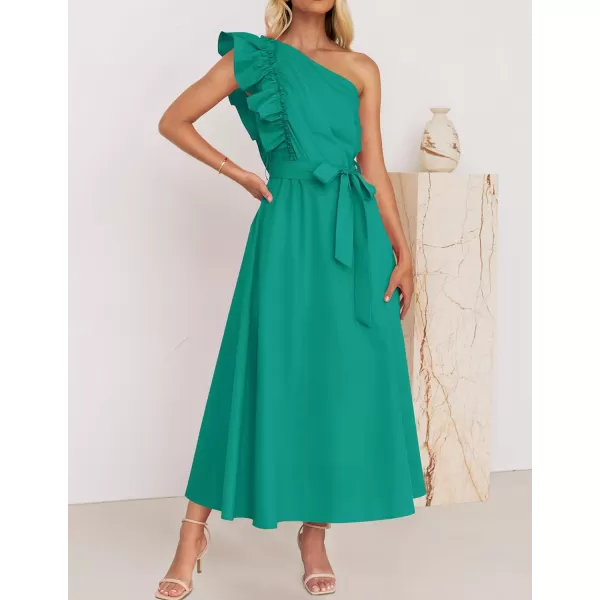 imageZESICA Womens Summer One Shoulder Ruffle Dress 2024 Sleeveless Empire Waist Boho Flowy Beach Maxi DressesGreen