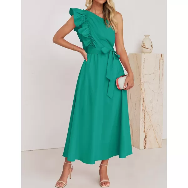 imageZESICA Womens Summer One Shoulder Ruffle Dress 2024 Sleeveless Empire Waist Boho Flowy Beach Maxi DressesGreen