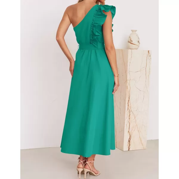 imageZESICA Womens Summer One Shoulder Ruffle Dress 2024 Sleeveless Empire Waist Boho Flowy Beach Maxi DressesGreen