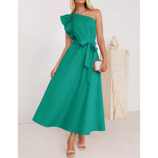 imageZESICA Womens Summer One Shoulder Ruffle Dress 2024 Sleeveless Empire Waist Boho Flowy Beach Maxi DressesGreen