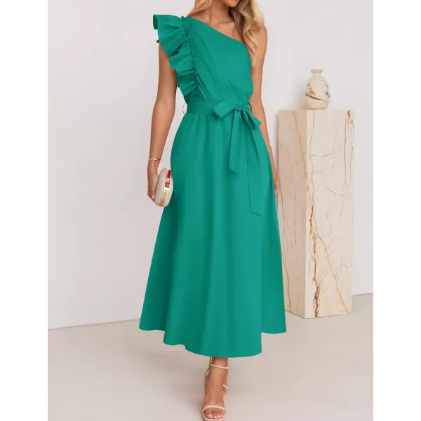 imageZESICA Womens Summer One Shoulder Ruffle Dress 2024 Sleeveless Empire Waist Boho Flowy Beach Maxi DressesGreen