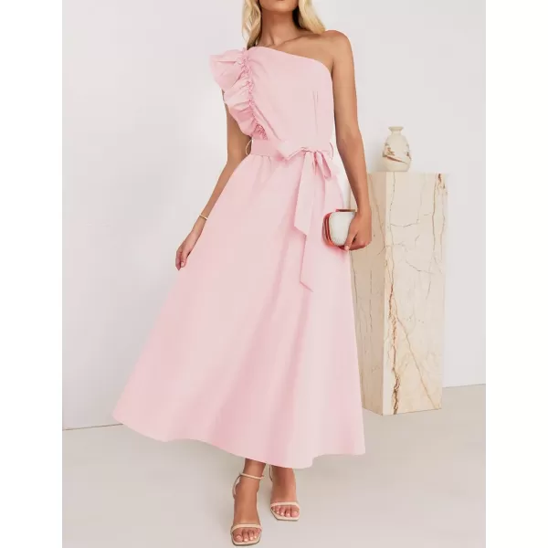imageZESICA Womens Summer One Shoulder Ruffle Dress 2024 Sleeveless Empire Waist Boho Flowy Beach Maxi DressesPink