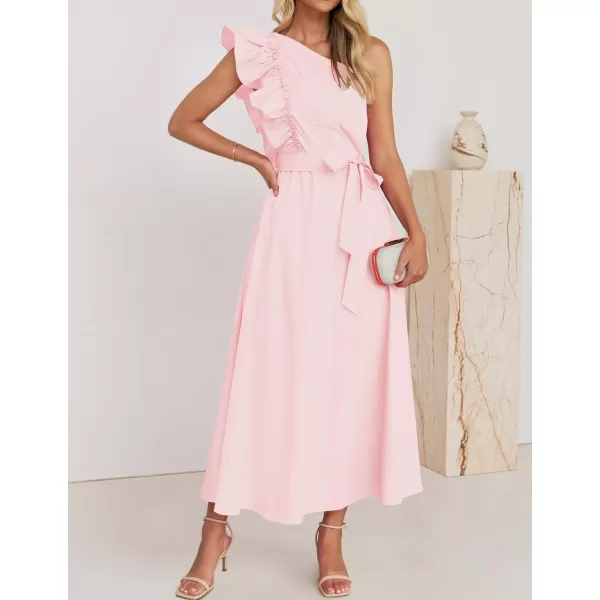 imageZESICA Womens Summer One Shoulder Ruffle Dress 2024 Sleeveless Empire Waist Boho Flowy Beach Maxi DressesPink