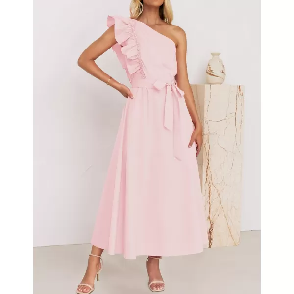 imageZESICA Womens Summer One Shoulder Ruffle Dress 2024 Sleeveless Empire Waist Boho Flowy Beach Maxi DressesPink