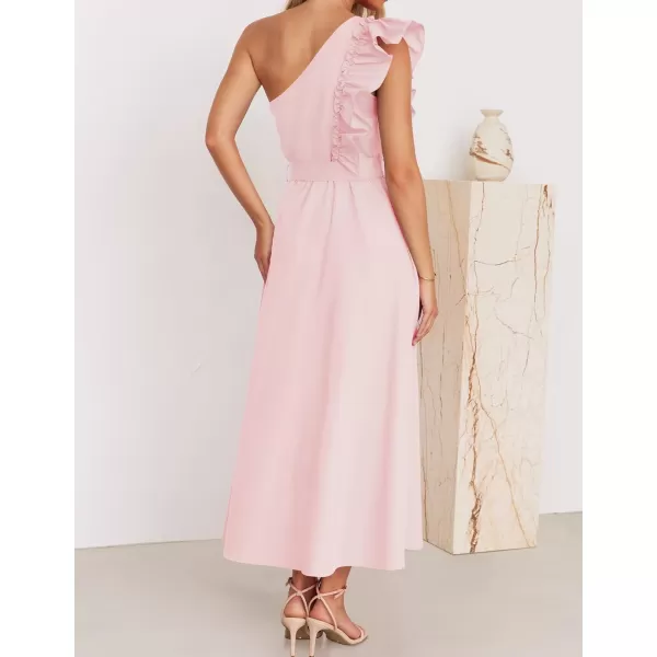 imageZESICA Womens Summer One Shoulder Ruffle Dress 2024 Sleeveless Empire Waist Boho Flowy Beach Maxi DressesPink