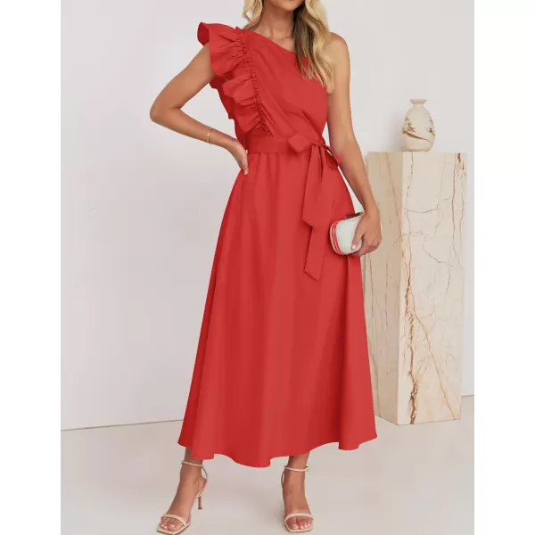 imageZESICA Womens Summer One Shoulder Ruffle Dress 2024 Sleeveless Empire Waist Boho Flowy Beach Maxi DressesWatermelonred
