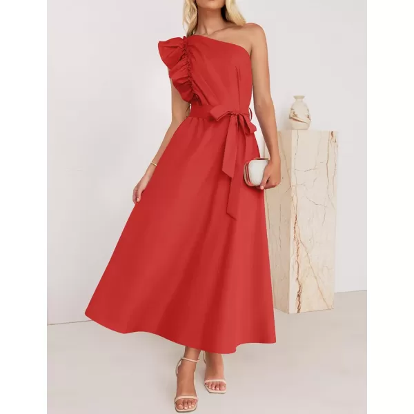 imageZESICA Womens Summer One Shoulder Ruffle Dress 2024 Sleeveless Empire Waist Boho Flowy Beach Maxi DressesWatermelonred