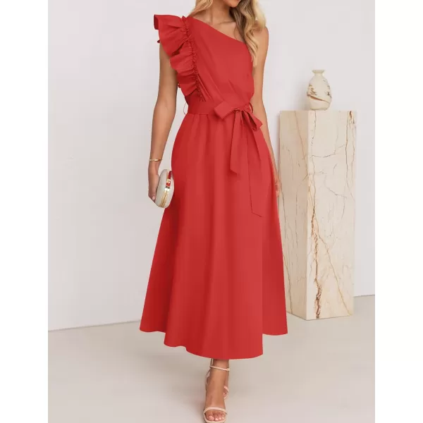 imageZESICA Womens Summer One Shoulder Ruffle Dress 2024 Sleeveless Empire Waist Boho Flowy Beach Maxi DressesWatermelonred