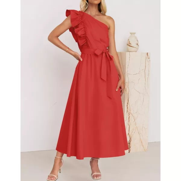 imageZESICA Womens Summer One Shoulder Ruffle Dress 2024 Sleeveless Empire Waist Boho Flowy Beach Maxi DressesWatermelonred