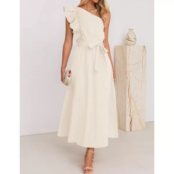 imageZESICA Womens Summer One Shoulder Ruffle Dress 2024 Sleeveless Empire Waist Boho Flowy Maxi DressesApricot