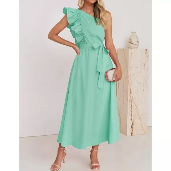 imageZESICA Womens Summer One Shoulder Ruffle Dress 2024 Sleeveless Empire Waist Boho Flowy Maxi DressesAqua