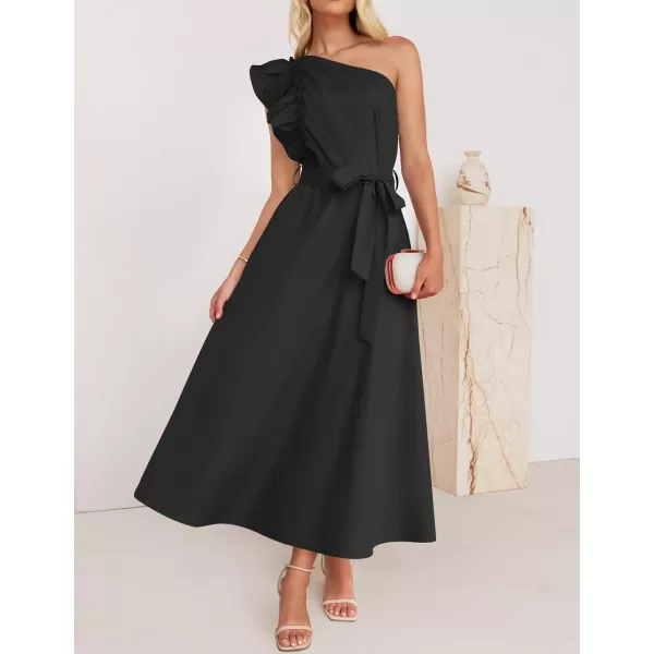 imageZESICA Womens Summer One Shoulder Ruffle Dress 2024 Sleeveless Empire Waist Boho Flowy Maxi DressesBlack
