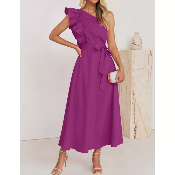 imageZESICA Womens Summer One Shoulder Ruffle Dress 2024 Sleeveless Empire Waist Boho Flowy Maxi DressesEggplant