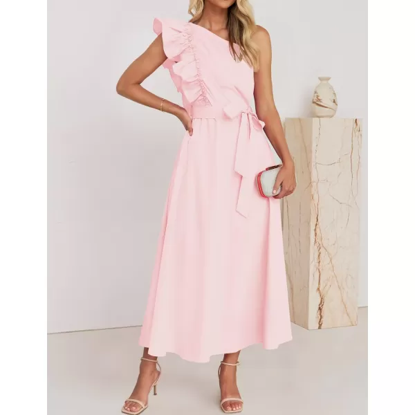 imageZESICA Womens Summer One Shoulder Ruffle Dress 2024 Sleeveless Empire Waist Boho Flowy Maxi DressesPink