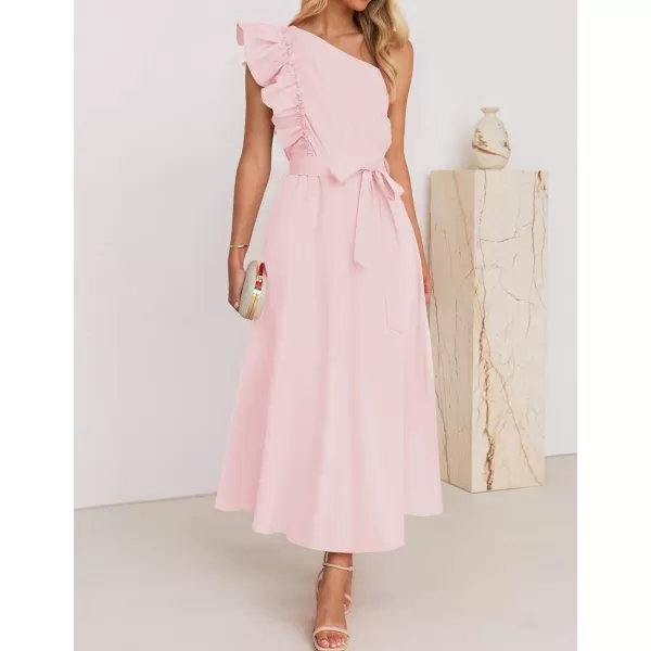 imageZESICA Womens Summer One Shoulder Ruffle Dress 2024 Sleeveless Empire Waist Boho Flowy Maxi DressesPink