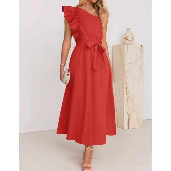 imageZESICA Womens Summer One Shoulder Ruffle Dress 2024 Sleeveless Empire Waist Boho Flowy Maxi DressesWatermelonred