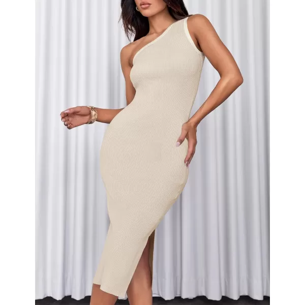 imageZESICA Womens Summer One Shoulder Sleeveless Midi Dresses 2024 Casual Ribeed Knit Side Slit Bodycon Sweater DressAlmond