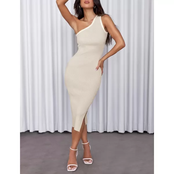 imageZESICA Womens Summer One Shoulder Sleeveless Midi Dresses 2024 Casual Ribeed Knit Side Slit Bodycon Sweater DressAlmond