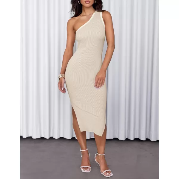 imageZESICA Womens Summer One Shoulder Sleeveless Midi Dresses 2024 Casual Ribeed Knit Side Slit Bodycon Sweater DressAlmond