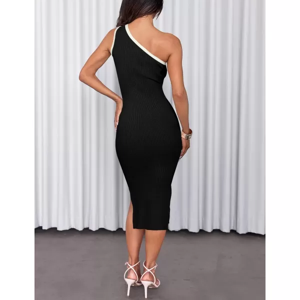 imageZESICA Womens Summer One Shoulder Sleeveless Midi Dresses 2024 Casual Ribeed Knit Side Slit Bodycon Sweater DressBlack