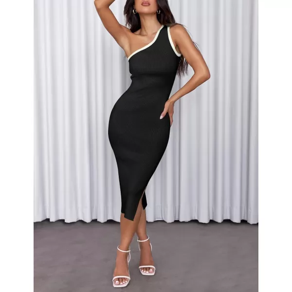 imageZESICA Womens Summer One Shoulder Sleeveless Midi Dresses 2024 Casual Ribeed Knit Side Slit Bodycon Sweater DressBlack