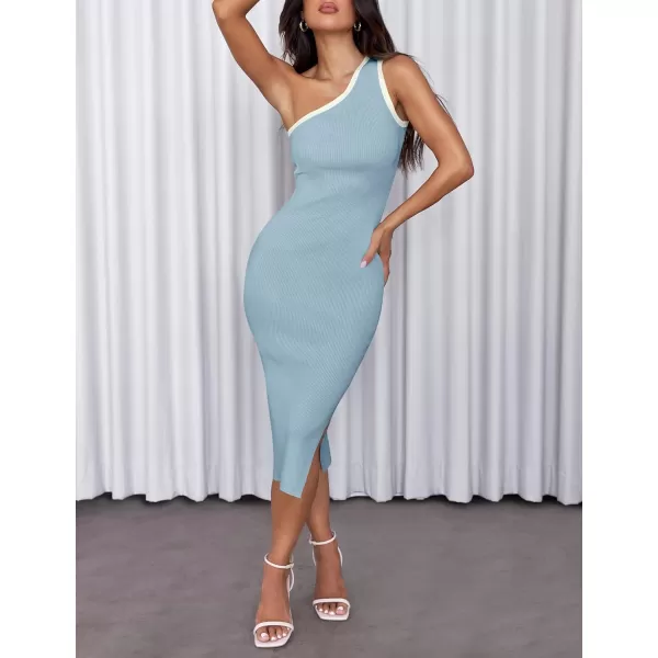 imageZESICA Womens Summer One Shoulder Sleeveless Midi Dresses 2024 Casual Ribeed Knit Side Slit Bodycon Sweater DressBlue