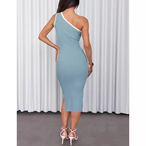 imageZESICA Womens Summer One Shoulder Sleeveless Midi Dresses 2024 Casual Ribeed Knit Side Slit Bodycon Sweater DressBlue