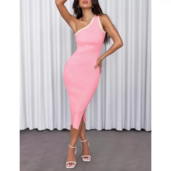 imageZESICA Womens Summer One Shoulder Sleeveless Midi Dresses 2024 Casual Ribeed Knit Side Slit Bodycon Sweater DressPink