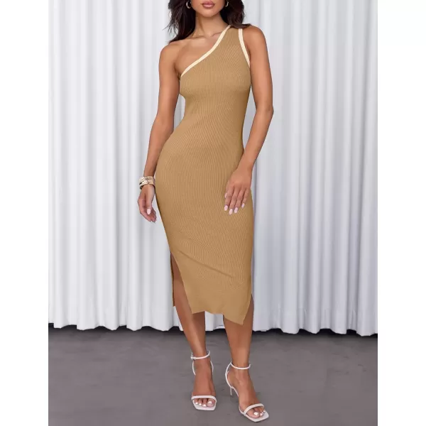 imageZESICA Womens Summer One Shoulder Sleeveless Midi Dresses 2024 Casual Ribeed Knit Side Slit Bodycon Sweater DressToffee