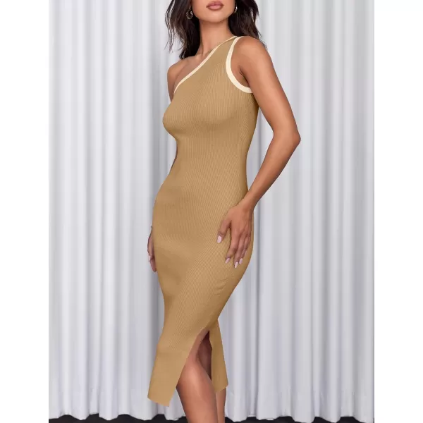 imageZESICA Womens Summer One Shoulder Sleeveless Midi Dresses 2024 Casual Ribeed Knit Side Slit Bodycon Sweater DressToffee