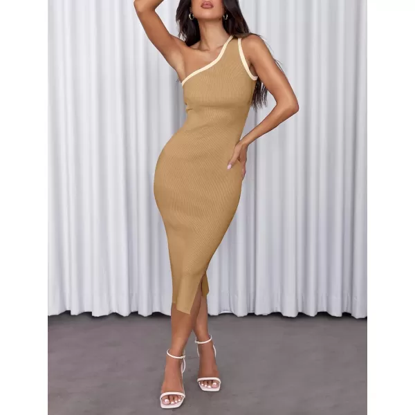 imageZESICA Womens Summer One Shoulder Sleeveless Midi Dresses 2024 Casual Ribeed Knit Side Slit Bodycon Sweater DressToffee