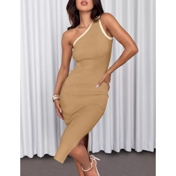 imageZESICA Womens Summer One Shoulder Sleeveless Midi Dresses 2024 Casual Ribeed Knit Side Slit Bodycon Sweater DressToffee