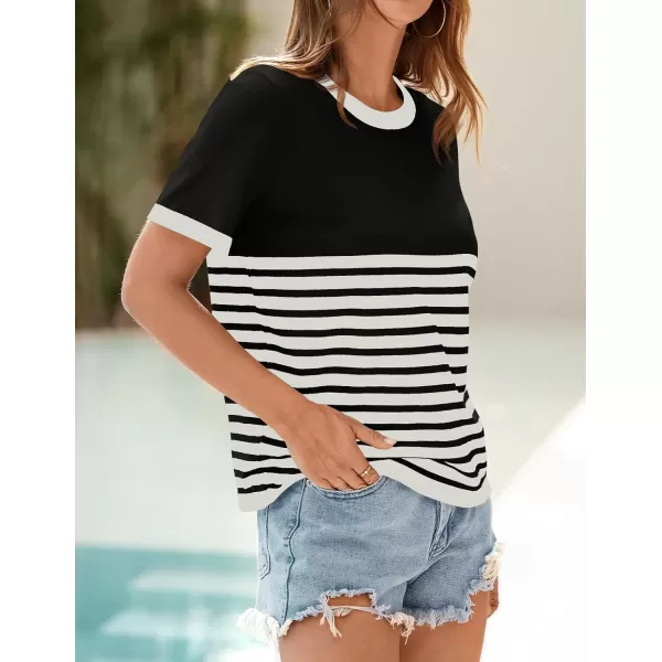 imageZESICA Womens Summer Ribbed Short Sleeve T Shirts 2024 Casual Striped Crew Neck Knit Basic TopsBlack