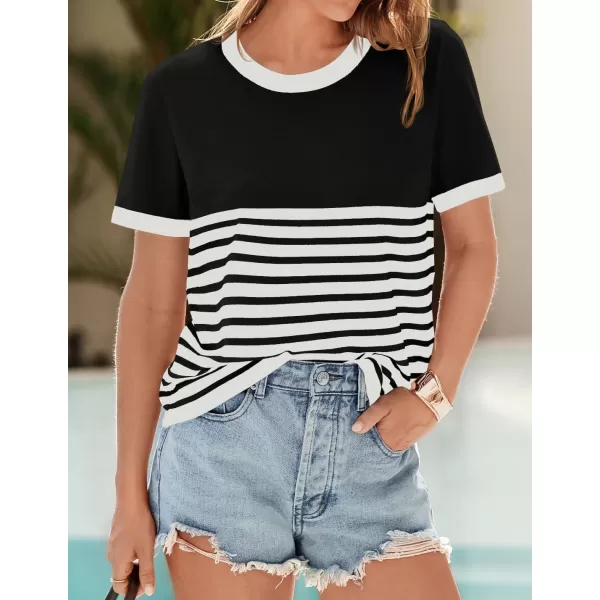 imageZESICA Womens Summer Ribbed Short Sleeve T Shirts 2024 Casual Striped Crew Neck Knit Basic TopsBlack