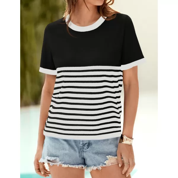 imageZESICA Womens Summer Ribbed Short Sleeve T Shirts 2024 Casual Striped Crew Neck Knit Basic TopsBlack