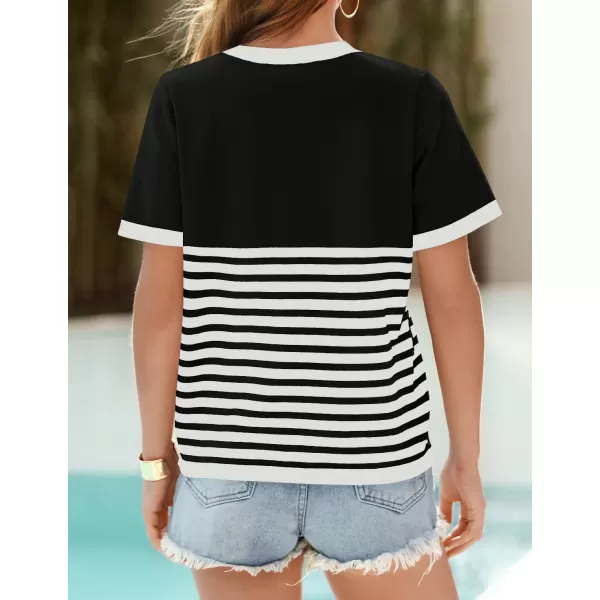 imageZESICA Womens Summer Ribbed Short Sleeve T Shirts 2024 Casual Striped Crew Neck Knit Basic TopsBlack