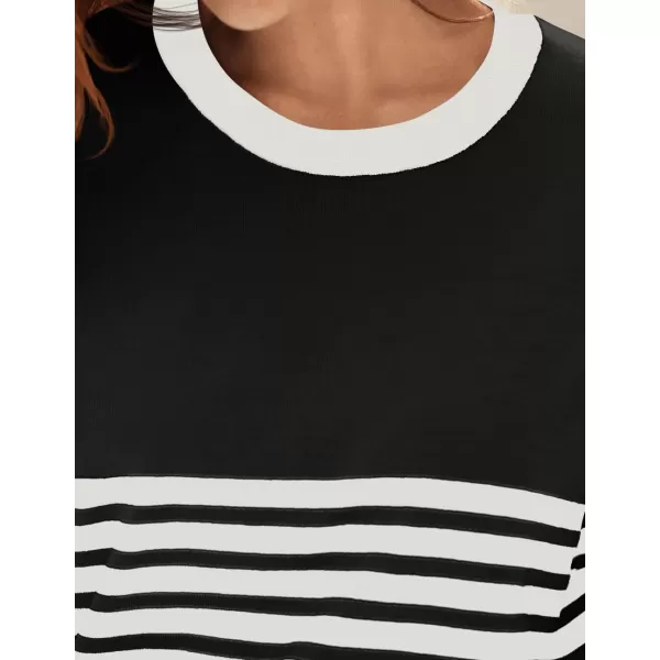 imageZESICA Womens Summer Ribbed Short Sleeve T Shirts 2024 Casual Striped Crew Neck Knit Basic TopsBlack