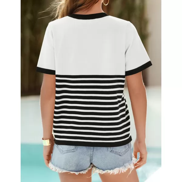 imageZESICA Womens Summer Ribbed Short Sleeve T Shirts 2024 Casual Striped Crew Neck Knit Basic TopsWhite