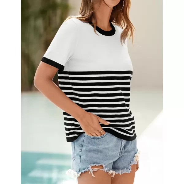 imageZESICA Womens Summer Ribbed Short Sleeve T Shirts 2024 Casual Striped Crew Neck Knit Basic TopsWhite